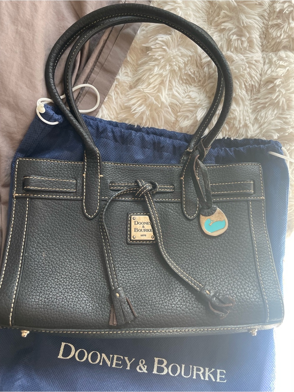Dooney & Bourke Black Pebble Leather Shoulder Tote with Contrast Stitching